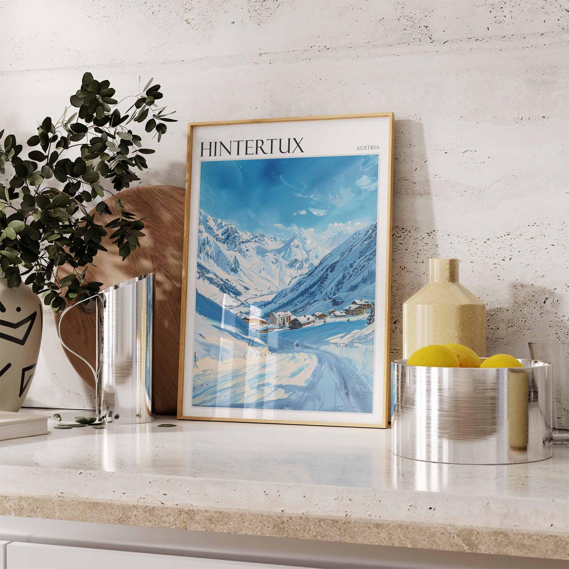 Hintertux Austria Painterly Bold Blue Ski Slopes Village Poster - Image 2