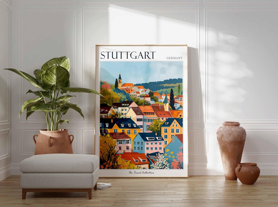 Stuttgart Germany Colorful Hillside Houses Painted Travel Poster - Image 3