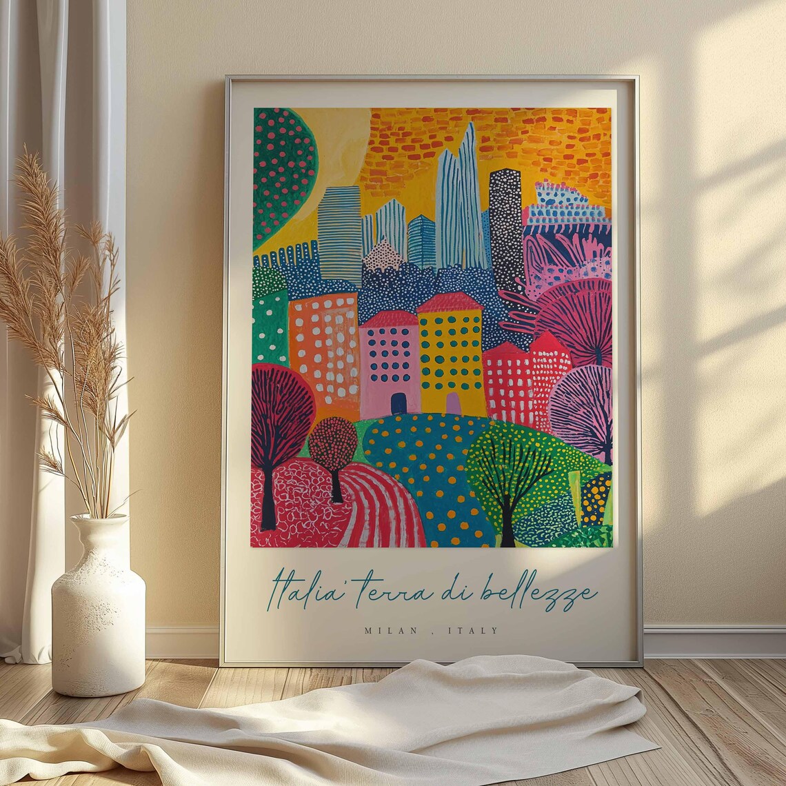Milan Whimsical Abstract Colorful Skyline Folk Art Italy Travel Poster - Image 2