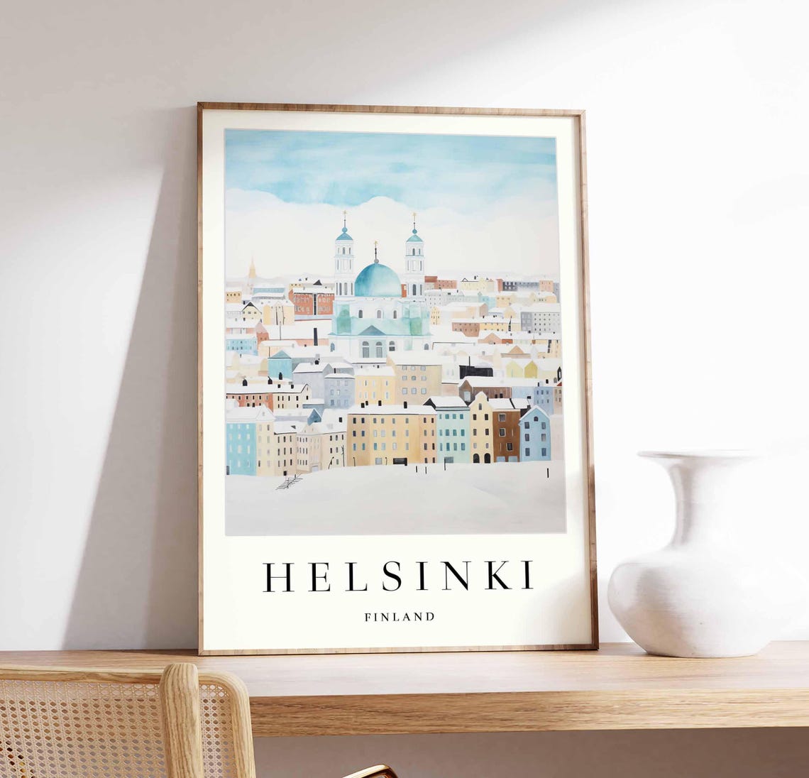 Helsinki Finland Snowy Cathedral Poster Blue Dome in Winter City