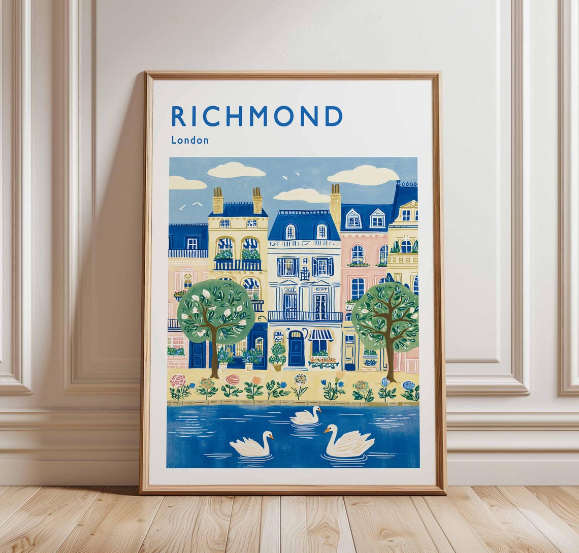 Richmond London Charming Blue Houses Garden Swans Folk Art Print