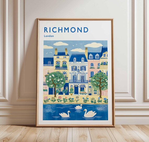 Richmond London Charming Blue Houses Garden Swans Folk Art Print