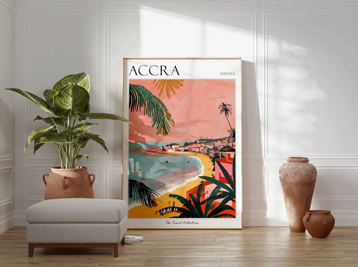 Accra Ghana Sunset Beach Travel Poster with Palm Trees and Boats - Image 2