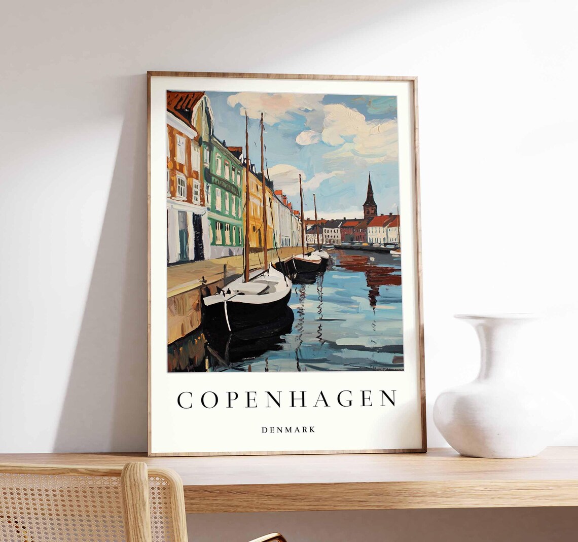 Copenhagen Denmark Nyhavn Canal Sailboats Historic Church Spire Poster