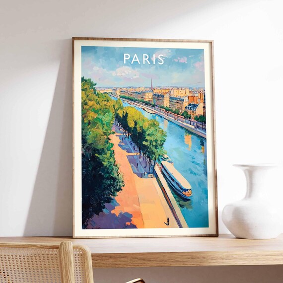 Paris Poster France Travel Print Eiffel Tower Cityscape Wall Decor Louvre Museum View Parisian City Gift