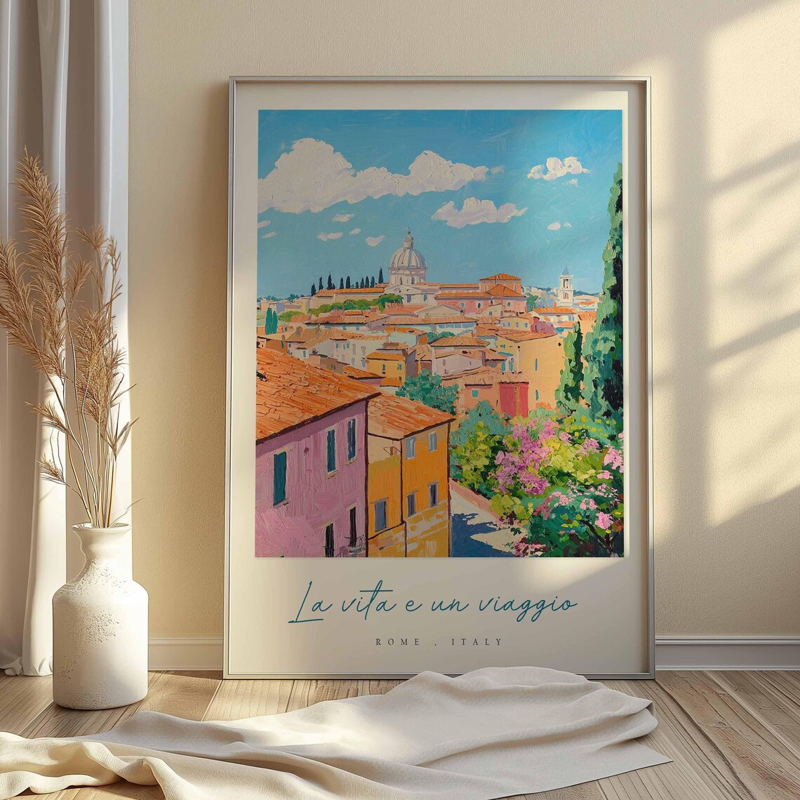 Rome Italy Colorful Rooftops Dome Clouds Watercolor Travel Poster - Image 2