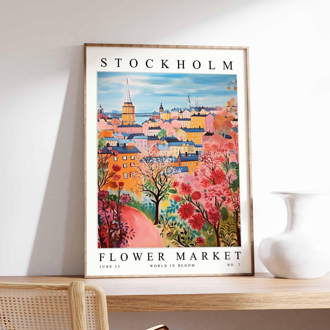 Stockholm Flower Market Church Spire Blossoming Pink Trees Poster