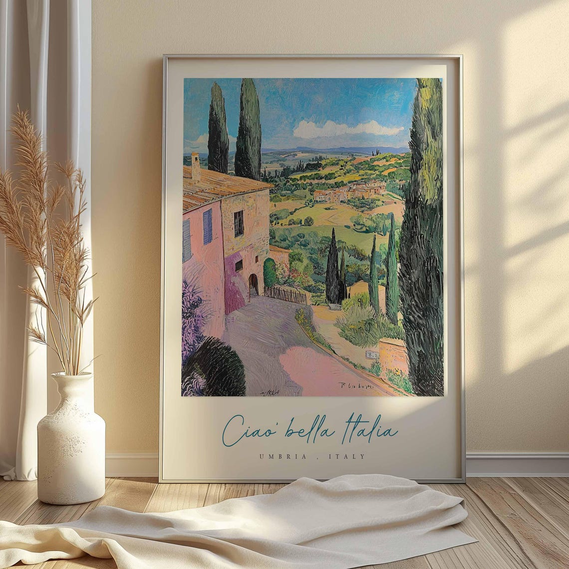 Umbria Italy Sunlit Farmhouse Lane Tall Cypress Valley View Poster - Image 2
