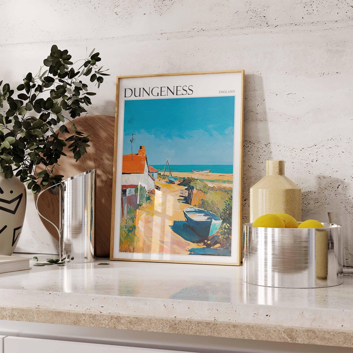 Dungeness England Cottage and Fishing Boats Beach Scene Poster - Image 2