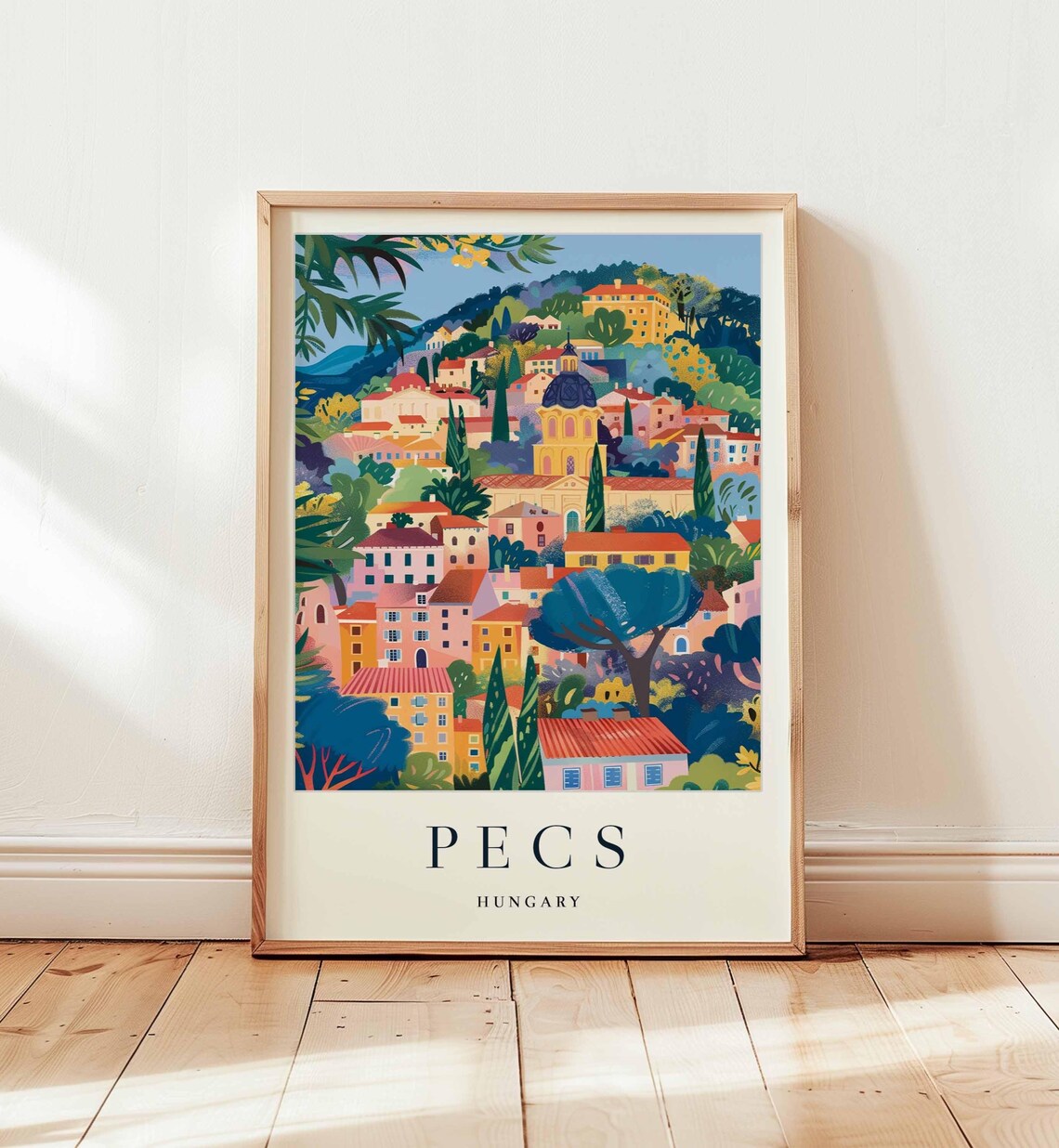 Pecs Hungary Colorful Hillside Houses Town View Travel Poster
