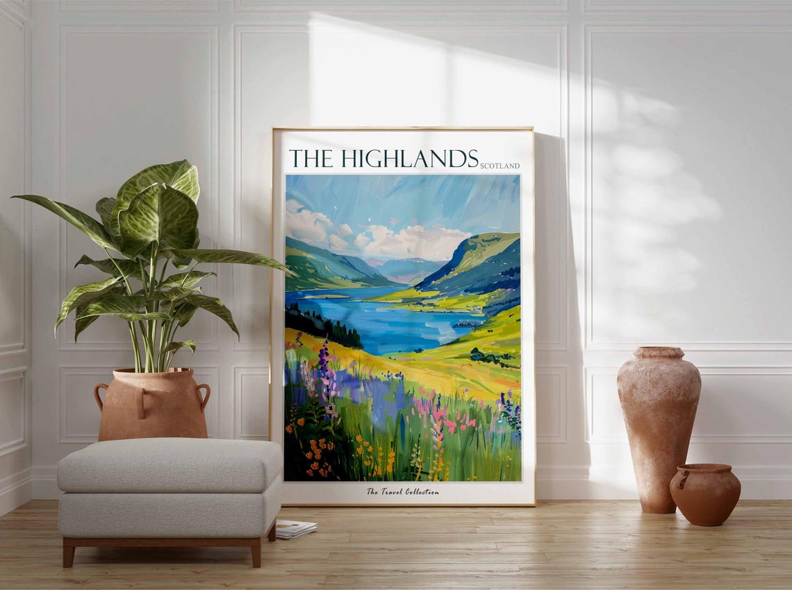 The Highlands Scotland Loch Wildflower Meadow Blue Mountains Poster - Image 2