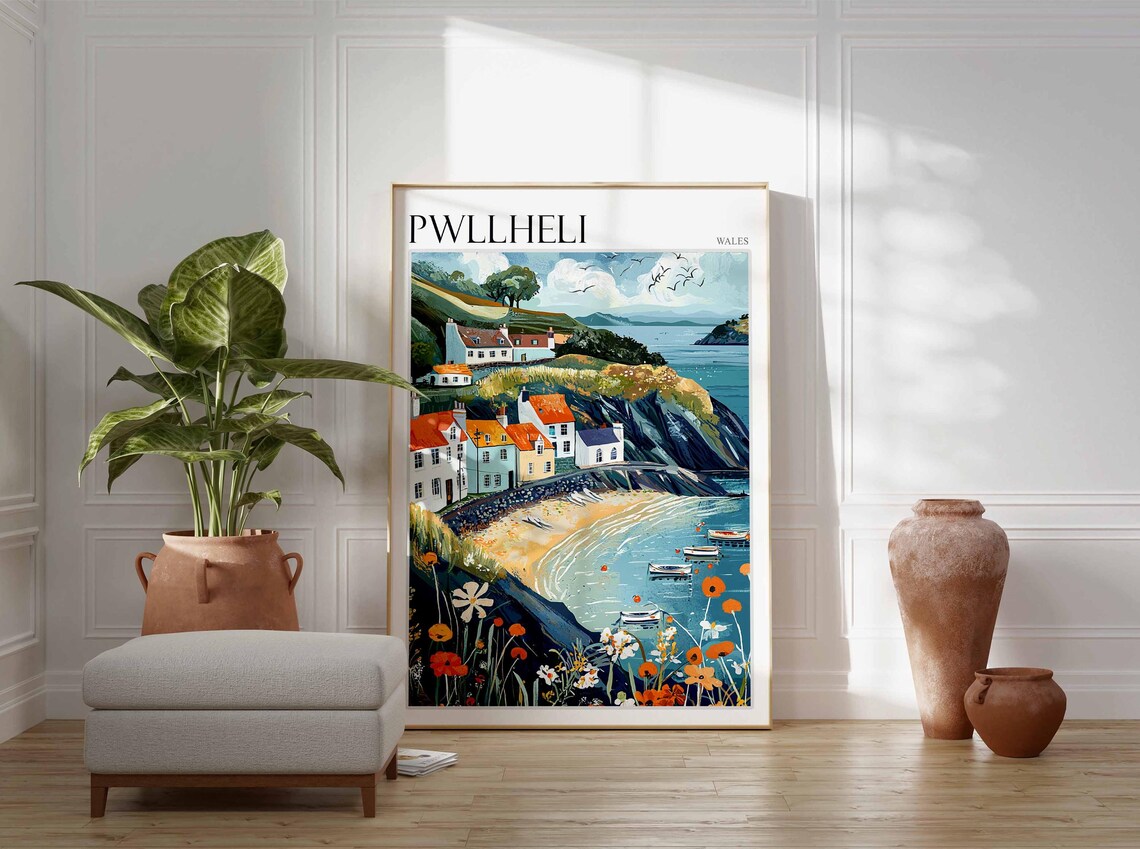 Pwllheli Wales Curved Cove Cottages Wildflowers Boats Seaside Poster - Image 4