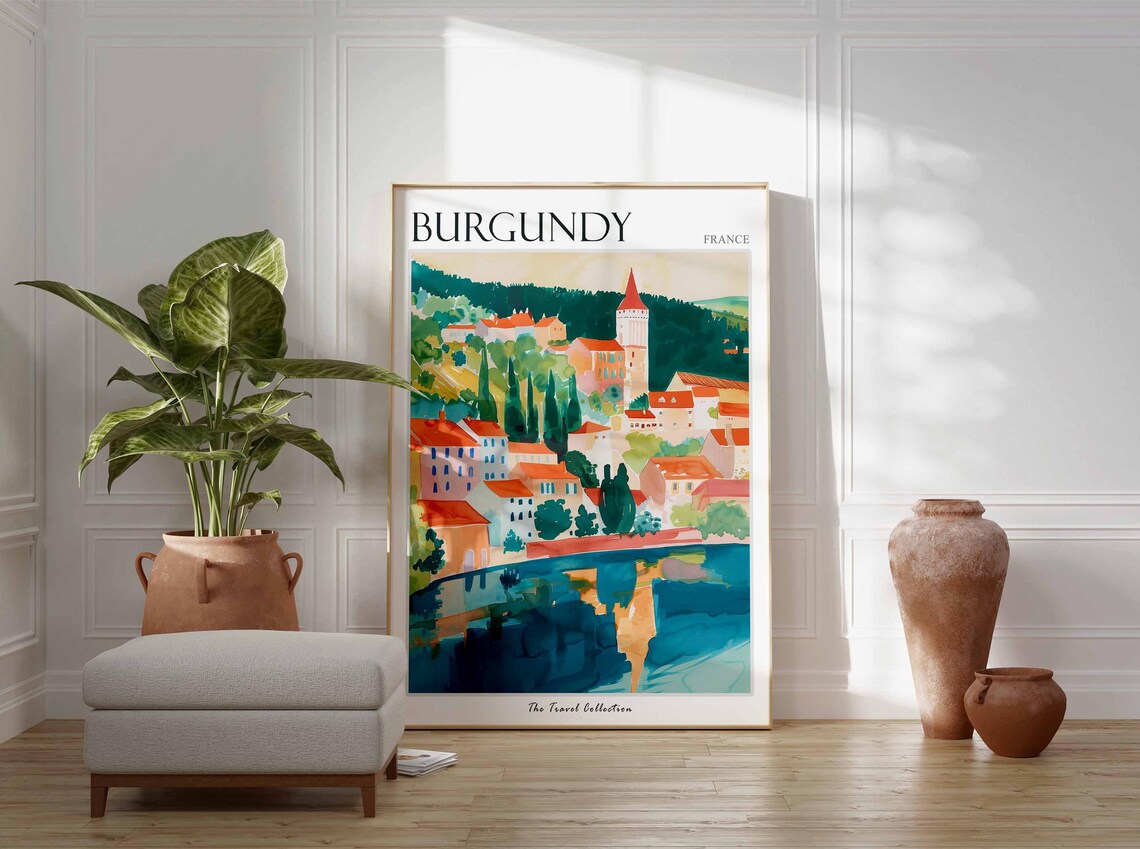 Burgundy France Riverside Village Church Tower Reflection Poster - Image 3