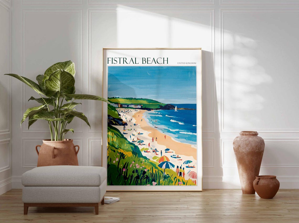 Fistral Beach United Kingdom Cliff View Busy Beach Umbrellas Poster - Image 3