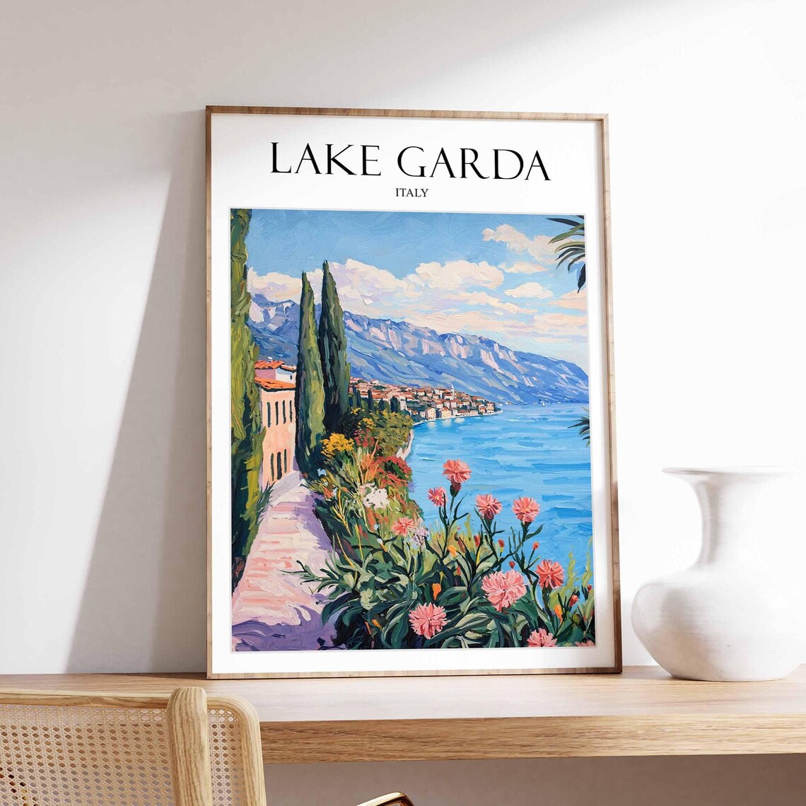 Lake Garda Italy Scenic Cypress Lakeside Village Travel Poster