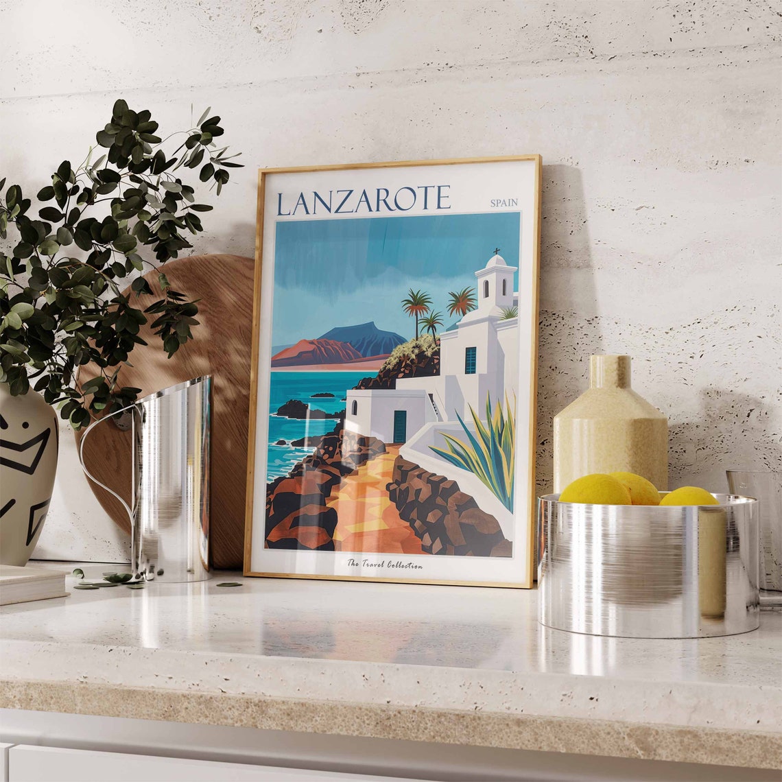 Lanzarote Spain White Church Sea Volcanic Coast Travel Art Poster - Image 2