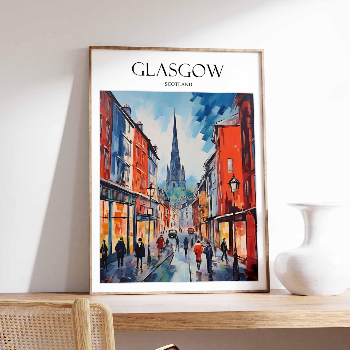 Glasgow Scotland Colorful City Street Painting Travel Poster