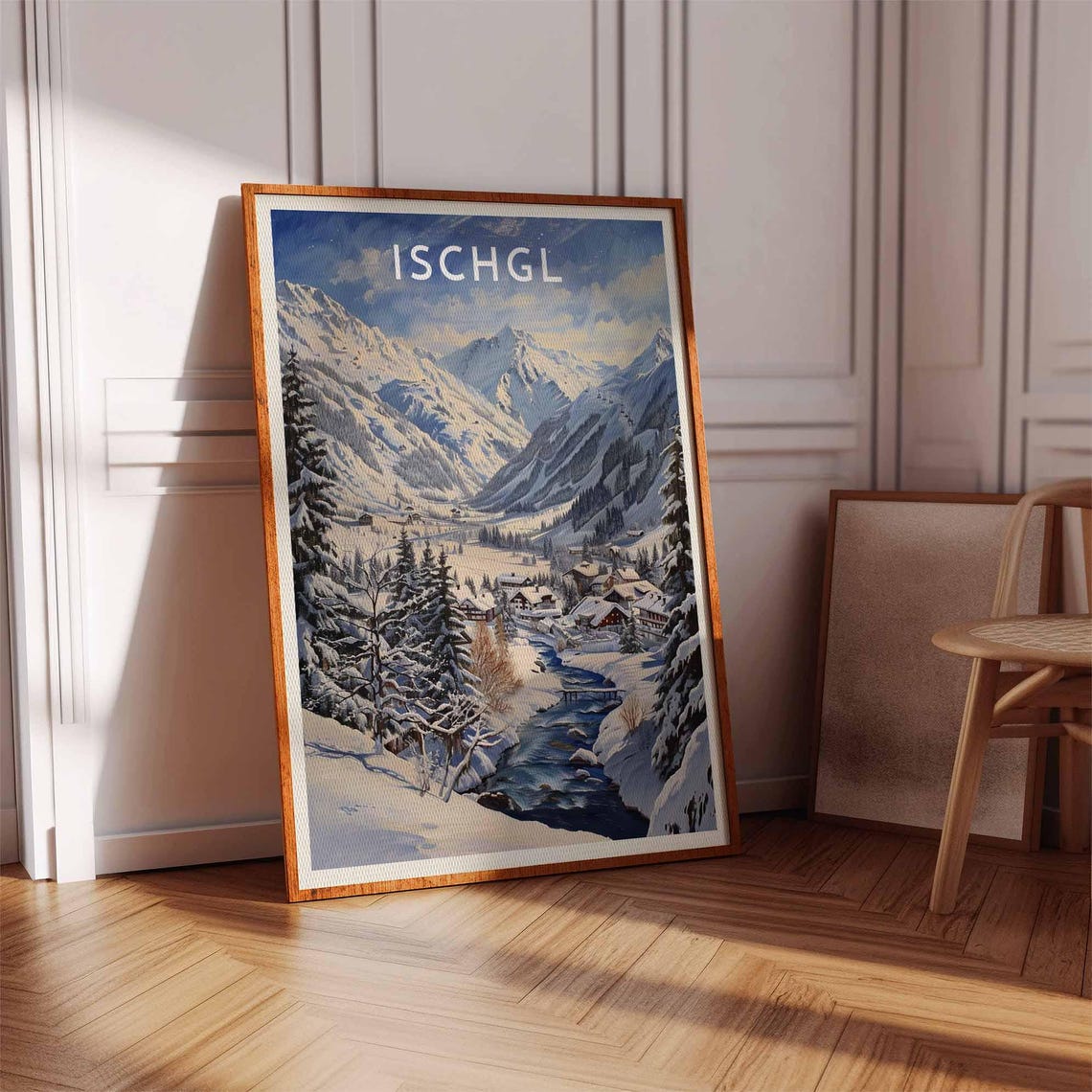 Ischgl Austria Painterly Snowy Mountain River Village Travel Poster - Image 2