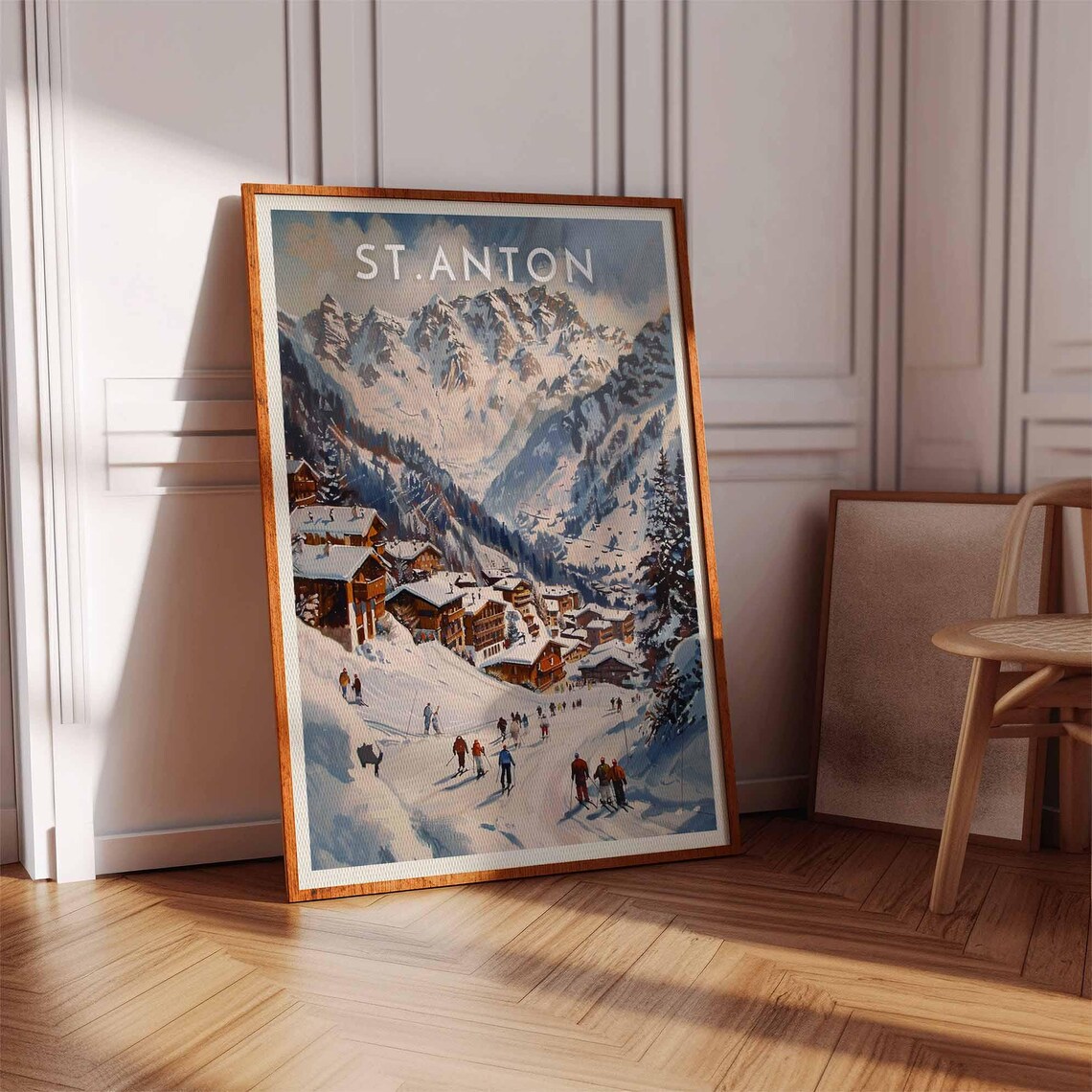 St. Anton Austria Watercolor Skiers Crossing Snowy Valley Poster - Image 3