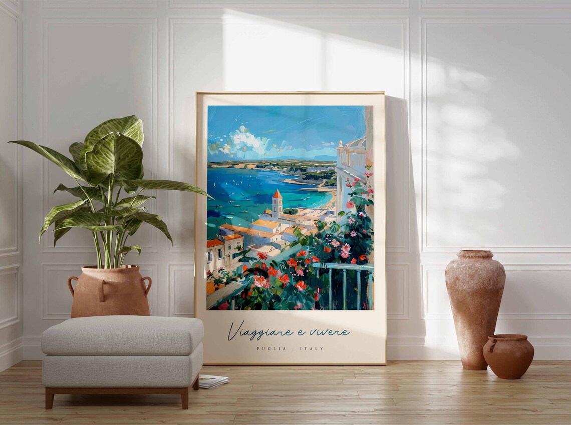 Puglia Italy Panoramic Bay Balcony Flowers Hillside Town Travel Poster - Image 3