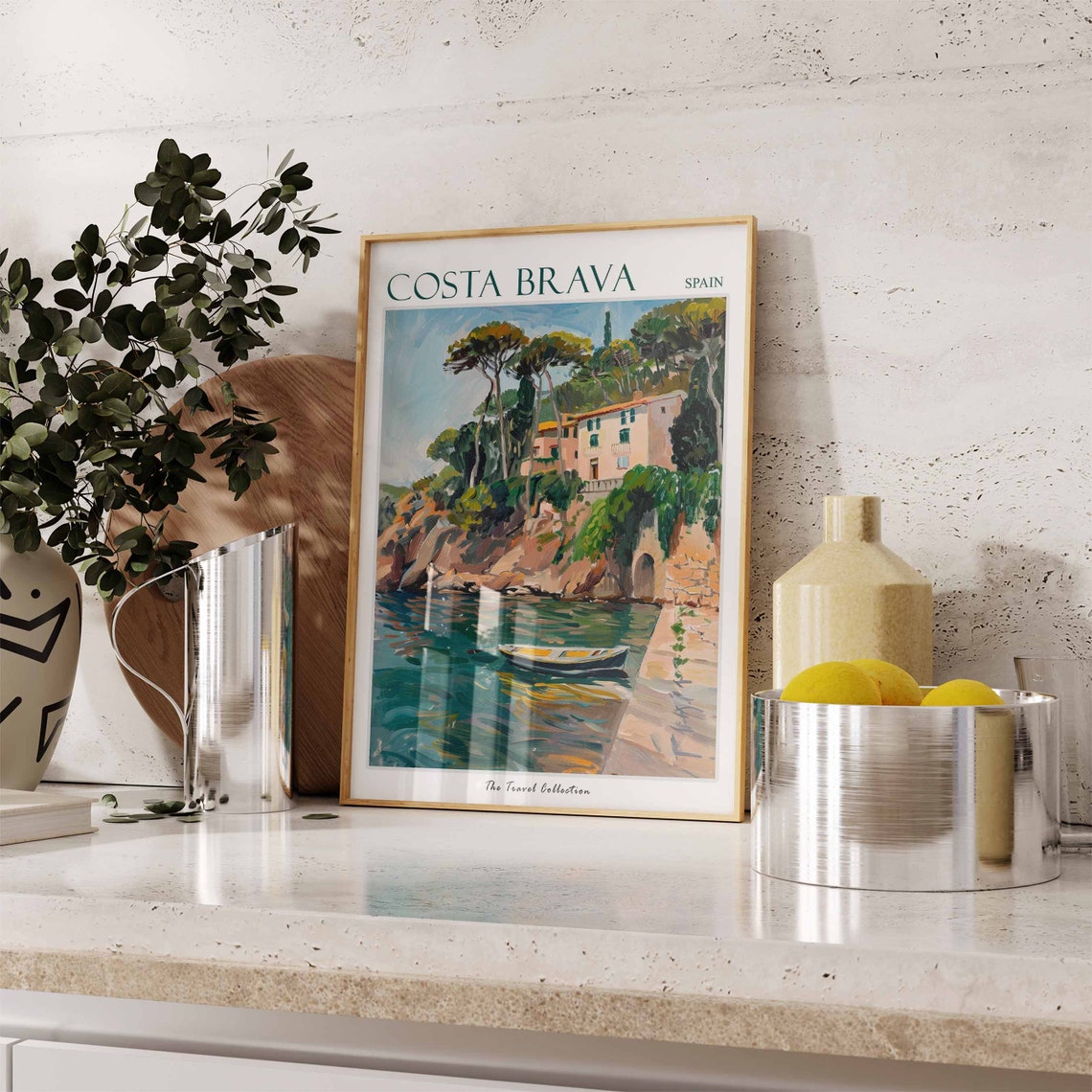 Costa Brava Cliffside Villa Boat Spain Painterly Travel Poster - Image 2