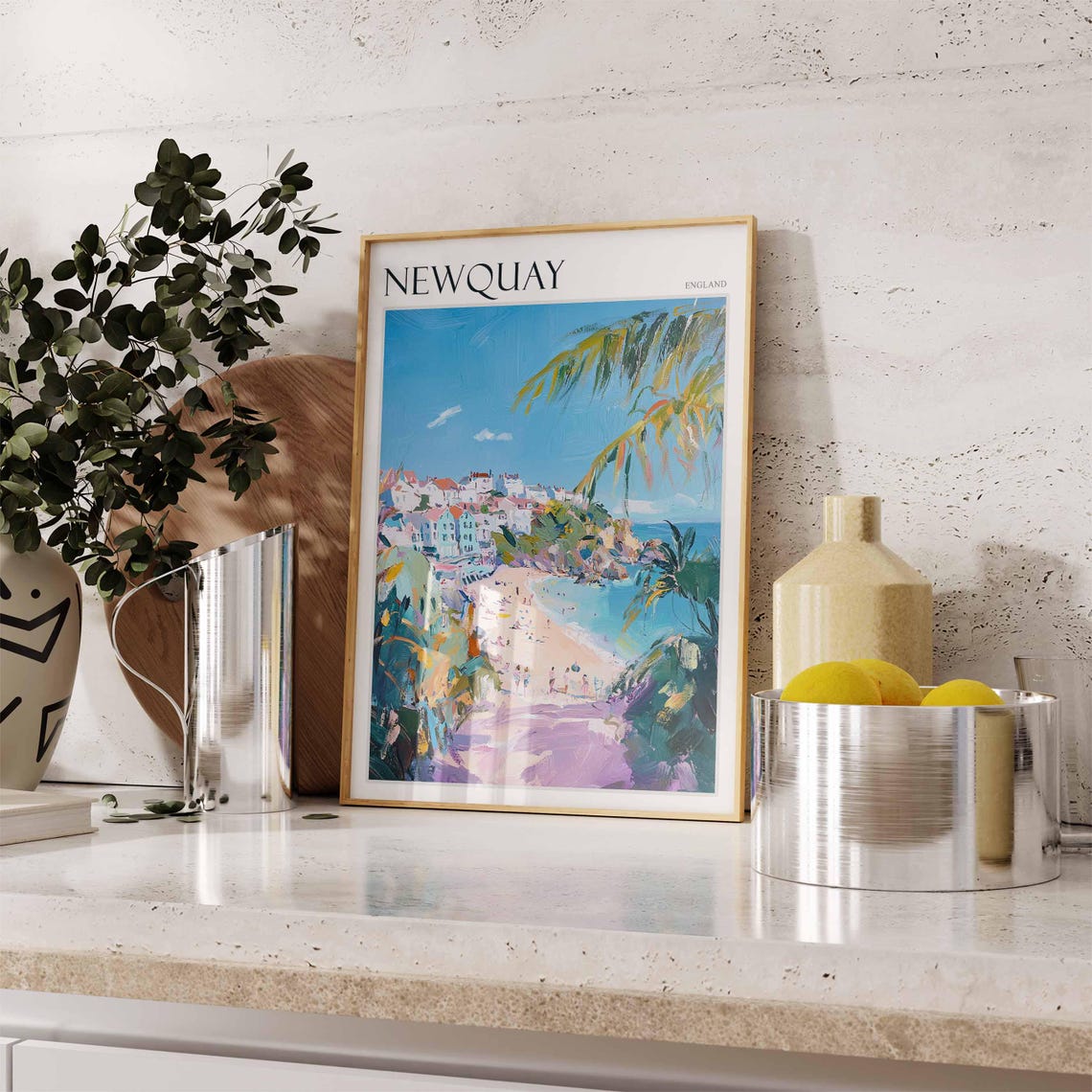 Newquay England Cove Beach Palm Fronds Colorful Headland Town Poster - Image 2
