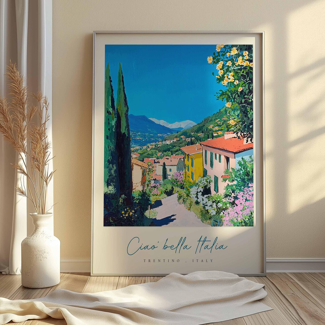 Trentino Italy Hillside Village Painting Cypress Yellow Flowers Poster - Image 2