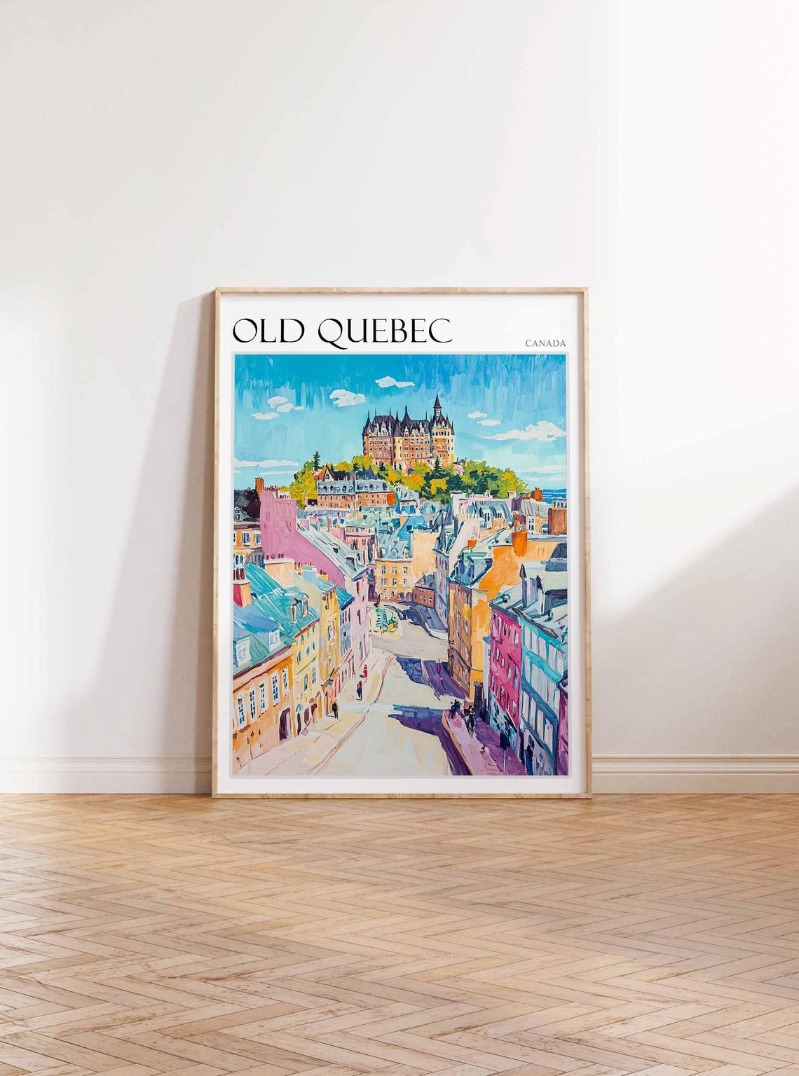 Old Quebec Canada Pastel Street and Castle on the Green Hill Poster - Image 2