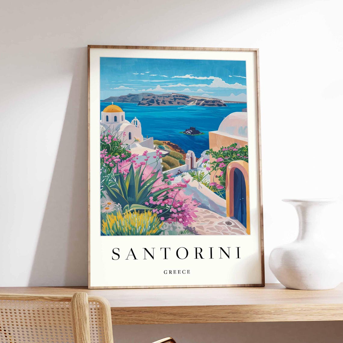 Santorini Greece Whitewashed Village Pink Blossom Art Poster