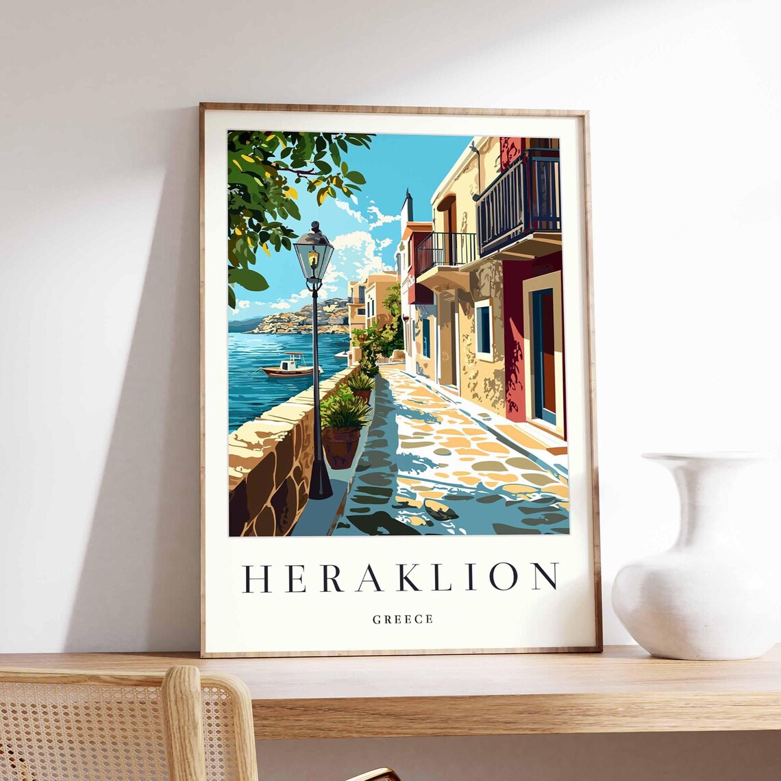 Heraklion Greece Travel Waterfront Promenade Lamp Sea View Poster