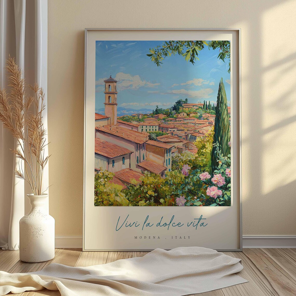 Modena Hill Town Bell Tower Pink Roses View Italy Travel Poster - Image 2