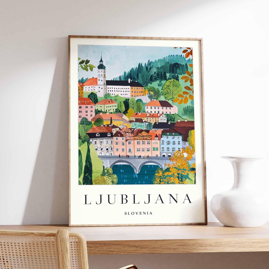 Ljubljana Slovenia Castle Bridge Autumn Foliage Vivid Art Poster
