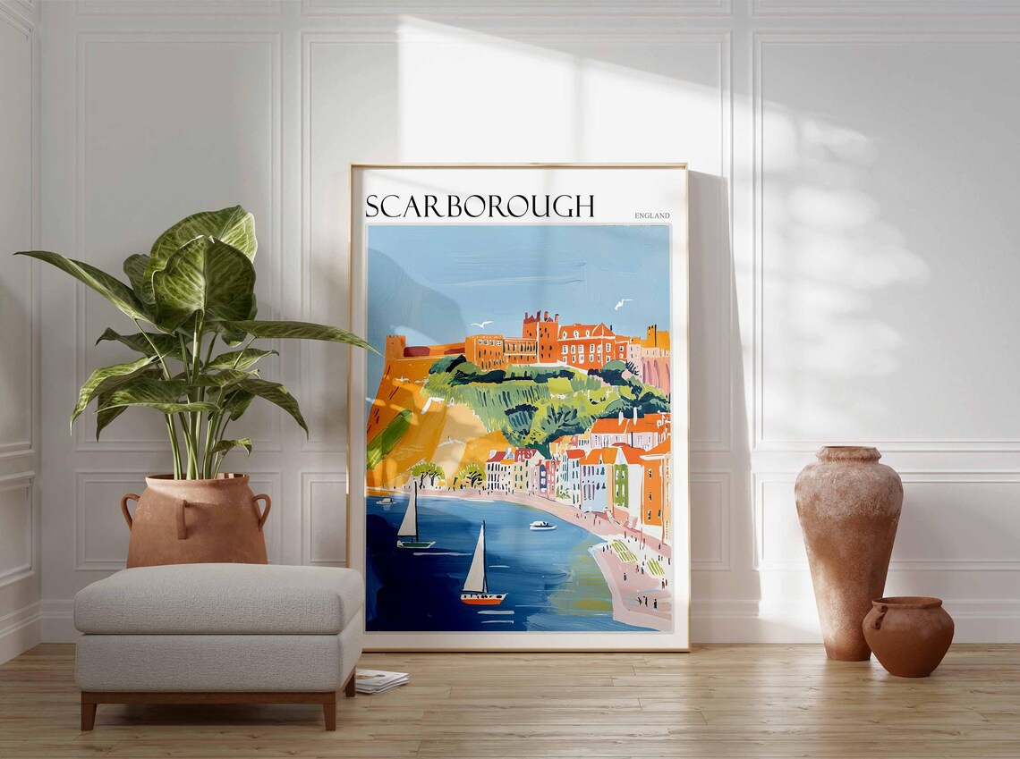 Scarborough Castle Above Harbour Sailing Boats Poster England - Image 2