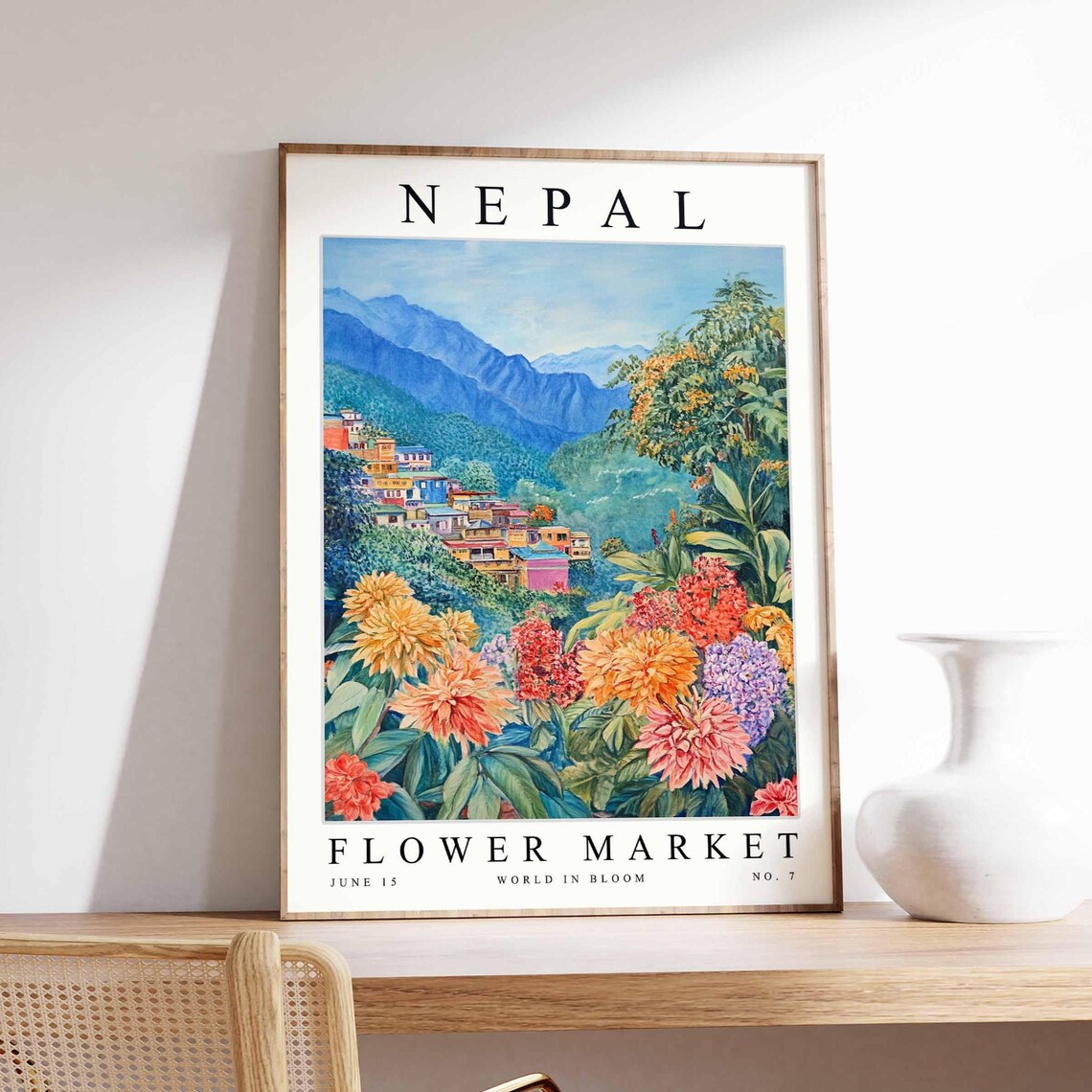 Nepal Flower Market Pink Cosmos Lake Village Mountain View Poster