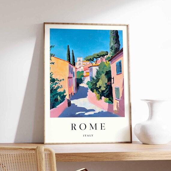 Rome Italy Winding Pastel Alley With Tall Cypresses Roman Hillside Travel Poster