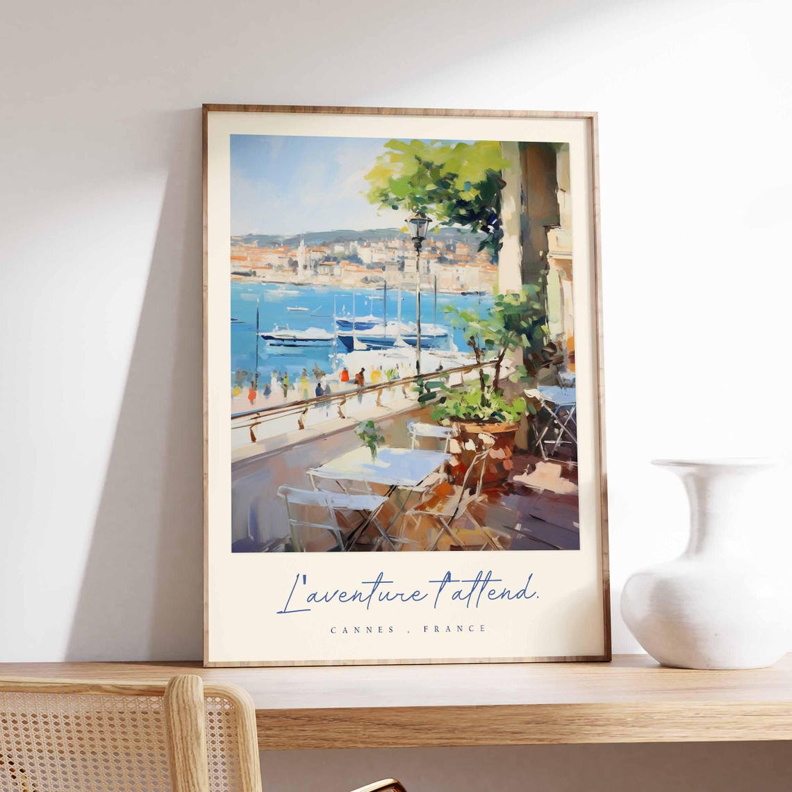 Sunny Cannes France Riviera Harbor Cafe Terrace Watercolor Poster