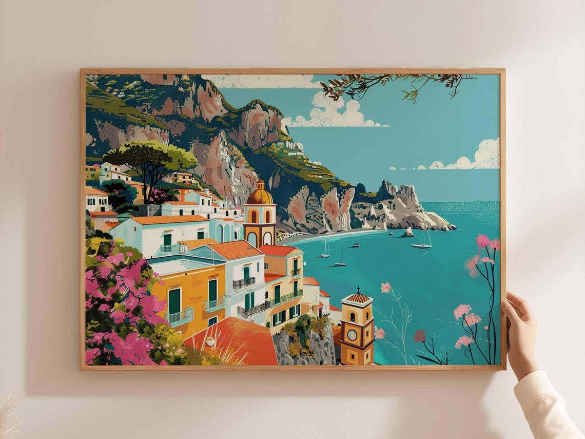 Amalfi Coast Cliffs Positano Italy Travel Illustration Wall Art