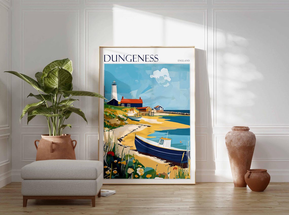 Dungeness England Lighthouse and Fishing Boats Sandy Beach Poster - Image 3