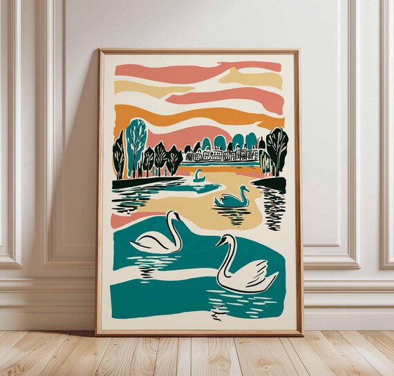 Swans at Sunset Lake Houses Linocut Style Nature Travel Poster