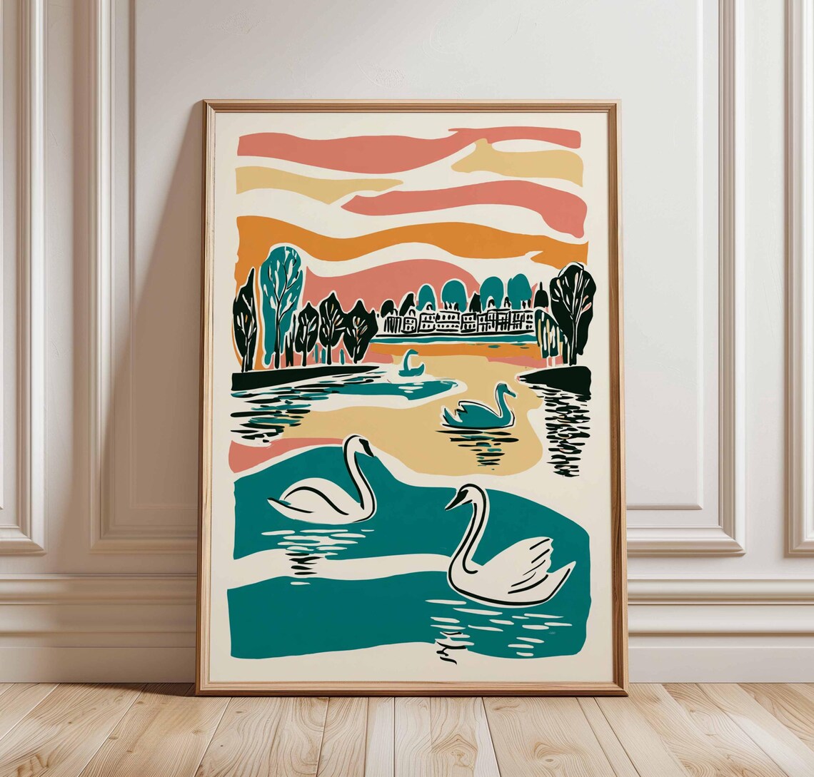 Swans at Sunset Lake Houses Linocut Style Nature Travel Poster