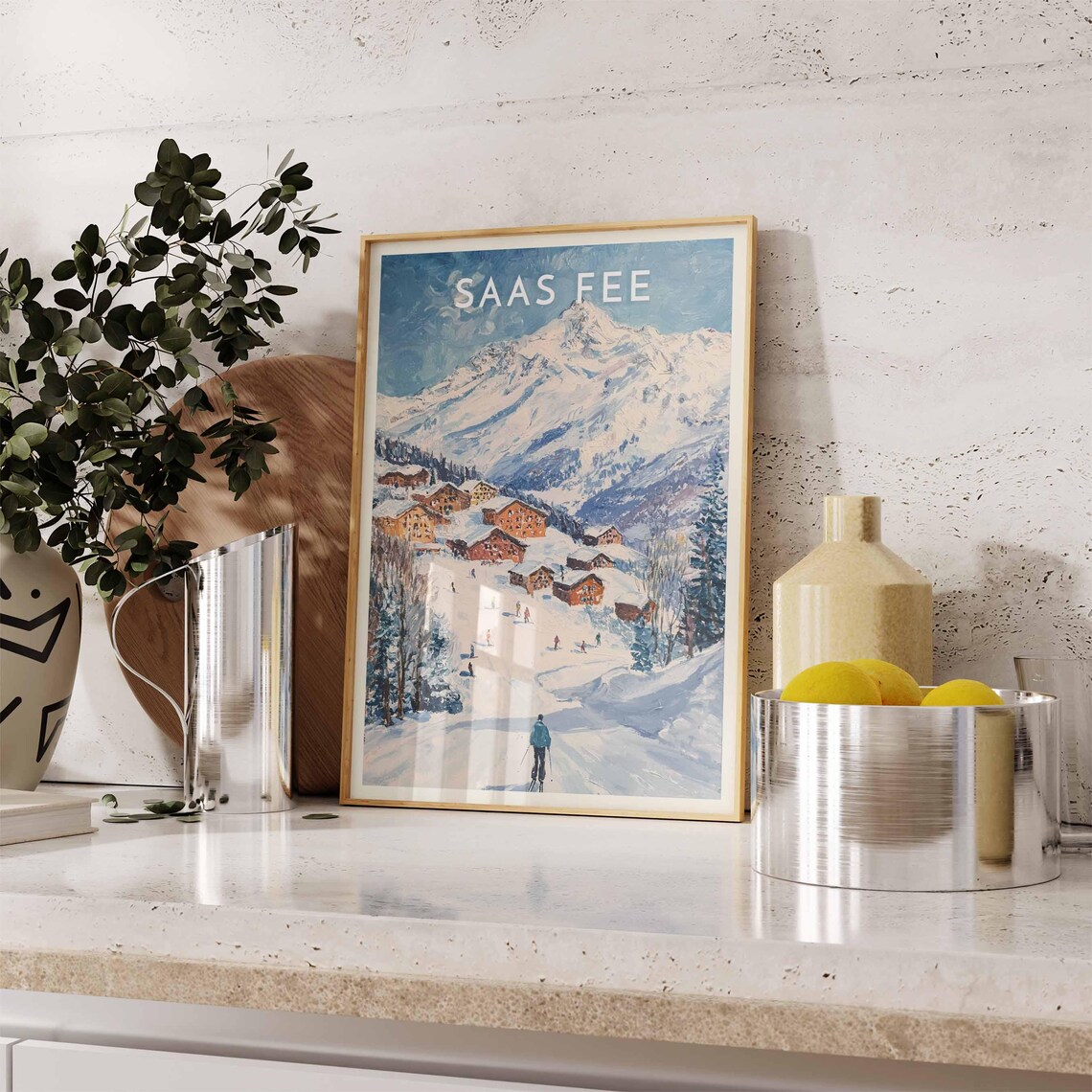 Saas Fee Switzerland Snowy Slope Skiers Chalet Cluster Big Peak Poster - Image 2