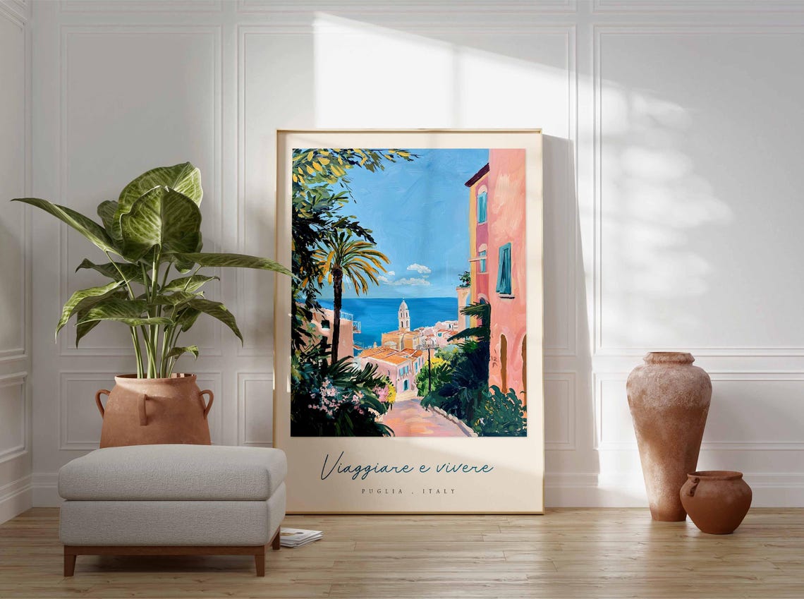 Puglia Italy Palm Trees Coastal Town Pink House Sea View Travel Poster - Image 3