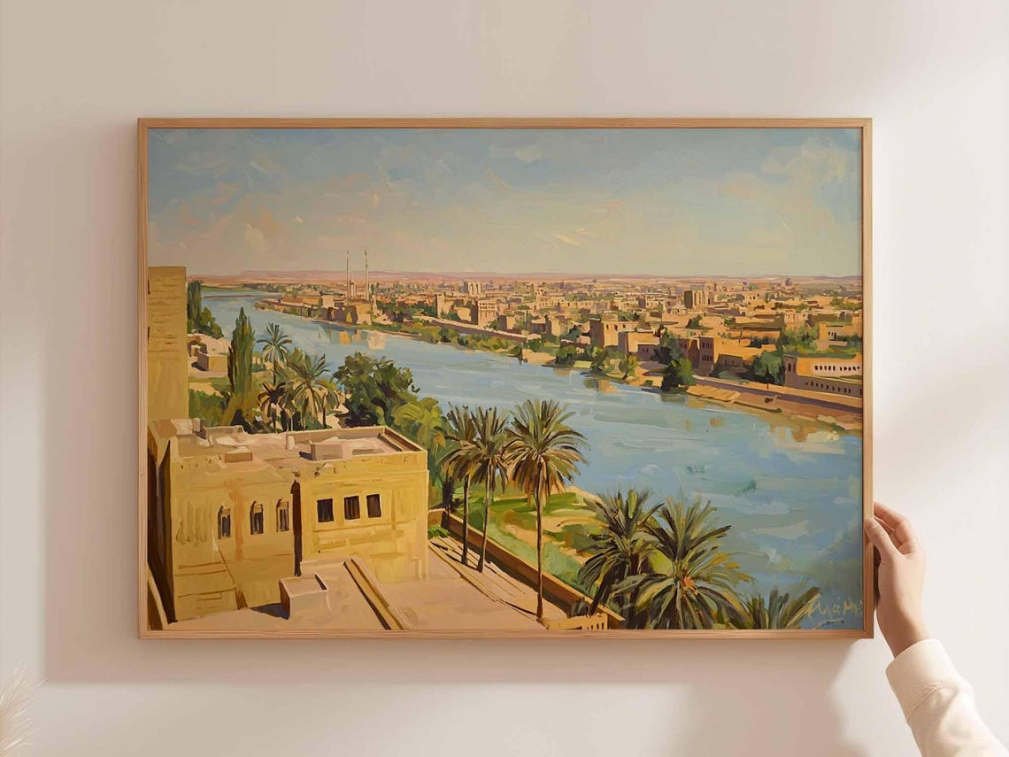 Baghdad Riverside Cityscape River Painting Middle East Travel Poster