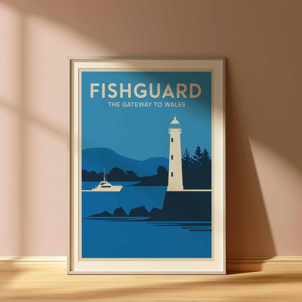 Fishguard Gateway to Wales Lighthouse Blue Minimal Travel Poster - Image 3