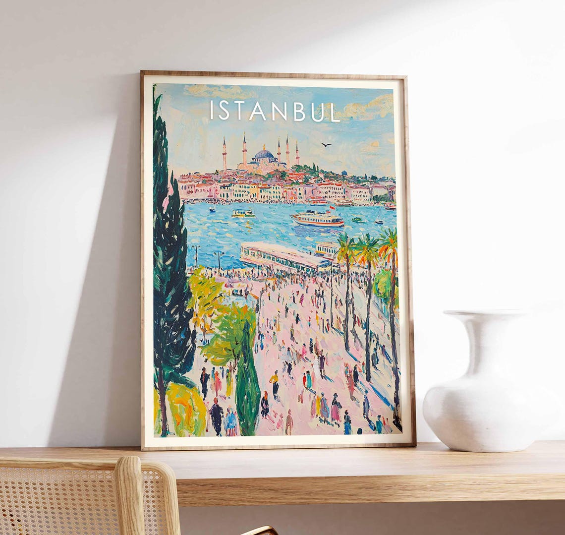 Istanbul Turkey Bosphorus Waterfront Mosque Watercolor Travel Poster