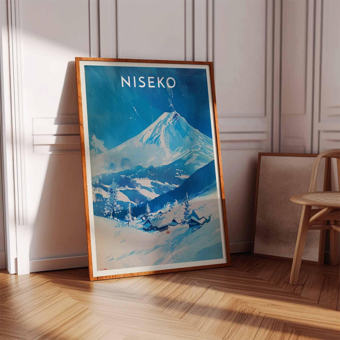 Niseko Japan Minimalist Blue Airy Peak Tiny Village Watercolor Poster - Image 3