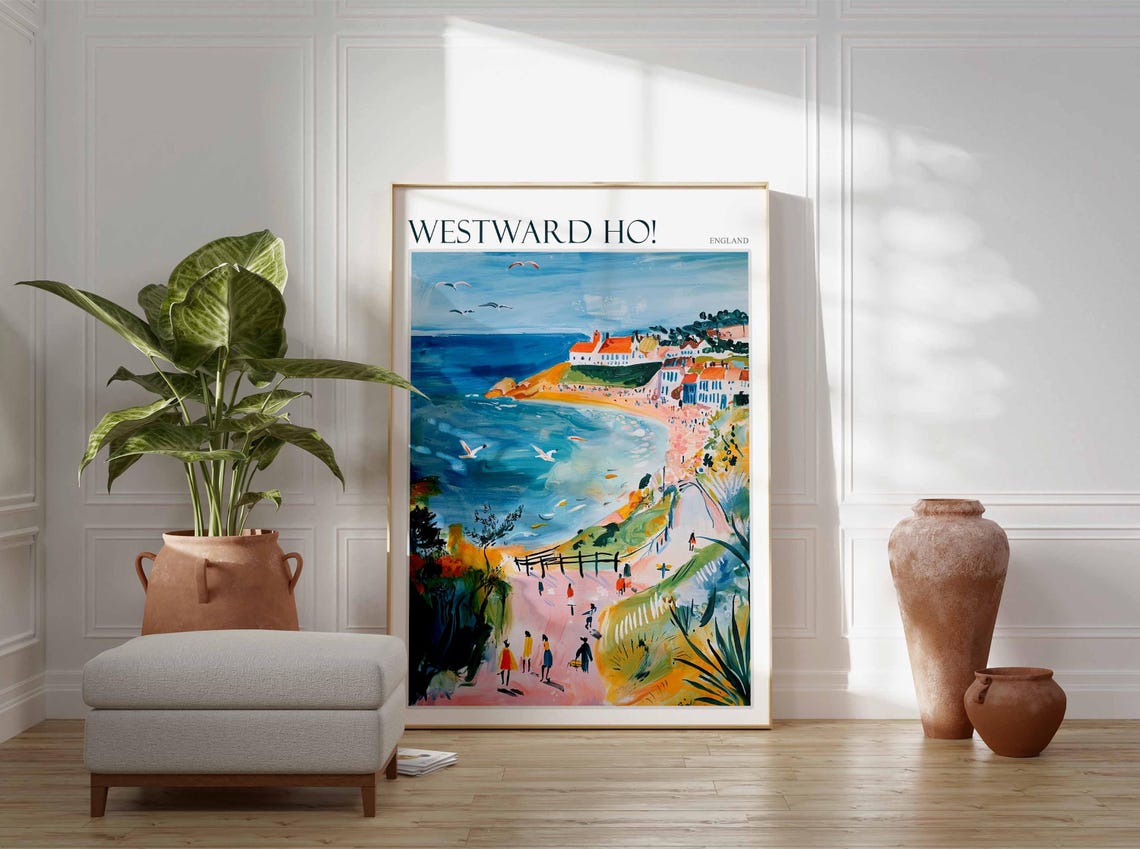 Westward Ho Cliff Path Walkers Beach Seagulls Sunny Art Poster - Image 2