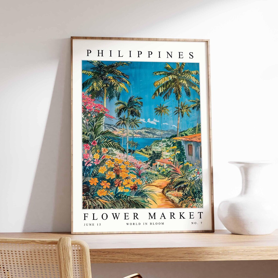 Philippines Flower Market Palm Trees Bay Hills and Garden Path Poster