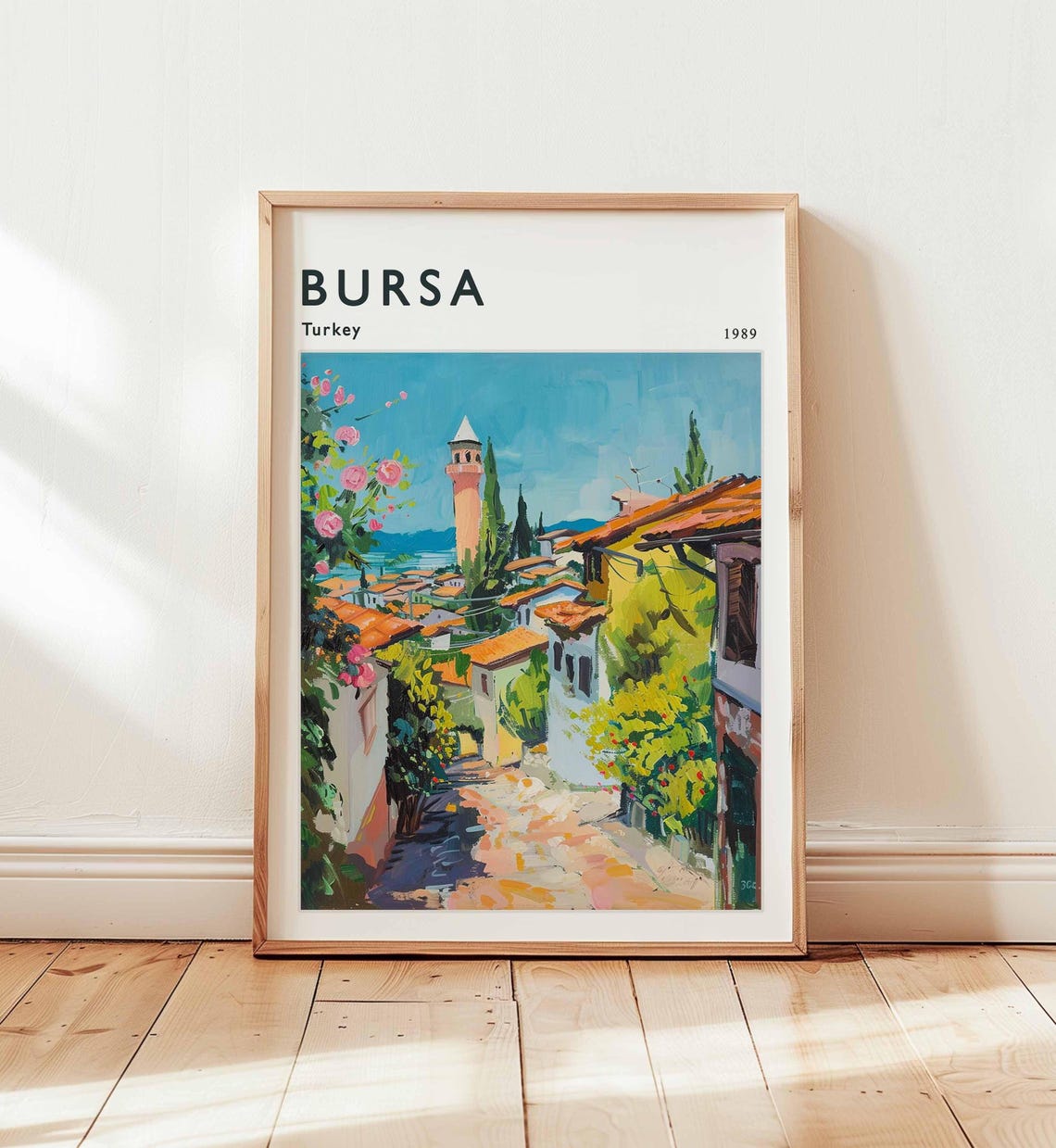 Bursa Turkey 1989 Minaret Rose Garden Cobblestone Street Poster