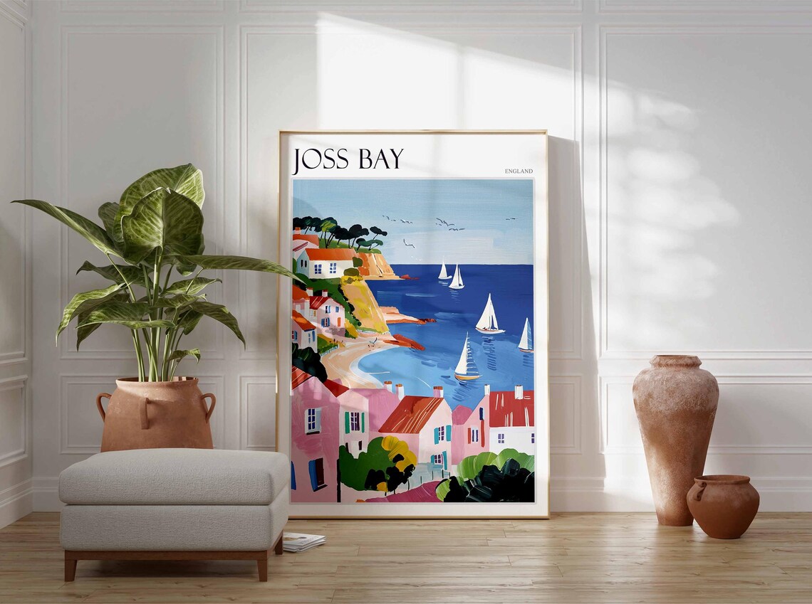 Joss Bay England Cliffside Pink Houses Sailing Bay View Poster - Image 3